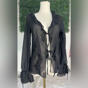 Y2K H And M Divided Sheer Black Ruffle Button Up Tie Front Whimsigoth Top Small